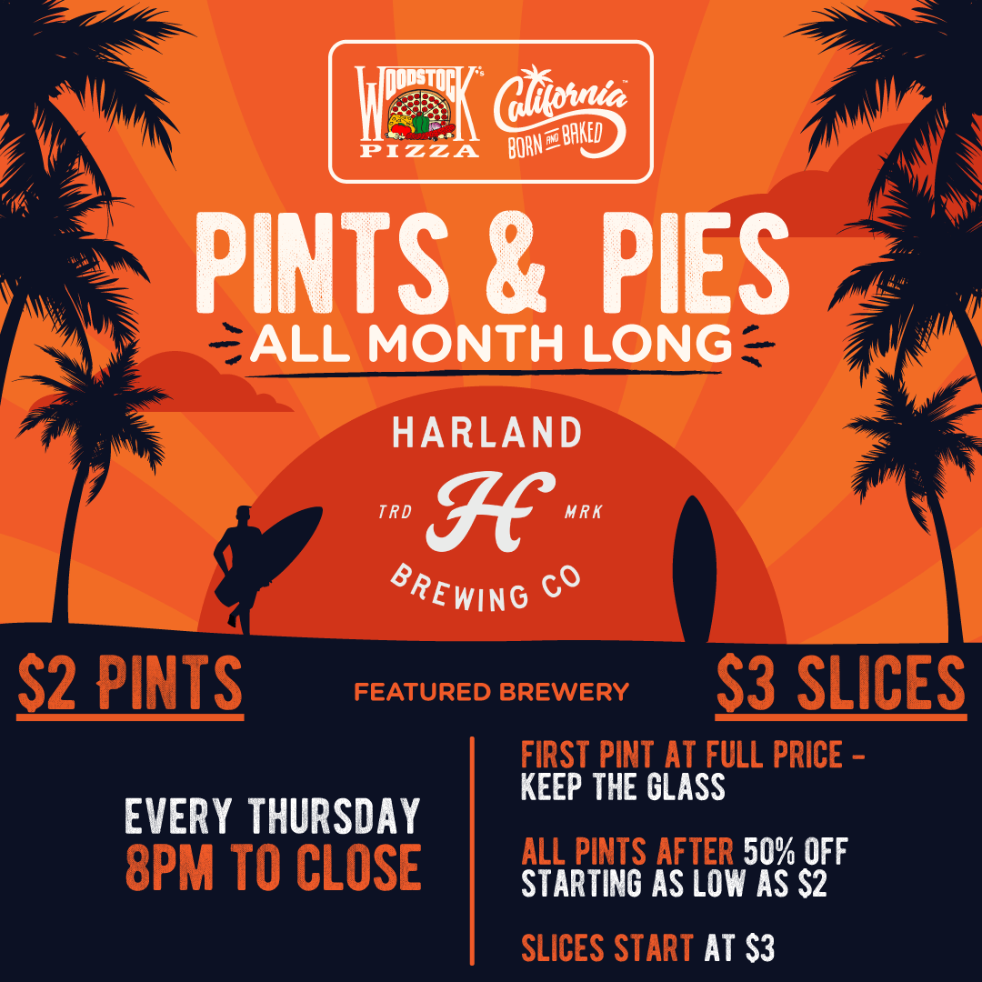Pints & Pies all month long. Harland Brewing Co. is our featured brewery. Every Thursday 8pm to close. $2 Pints $3 slices.